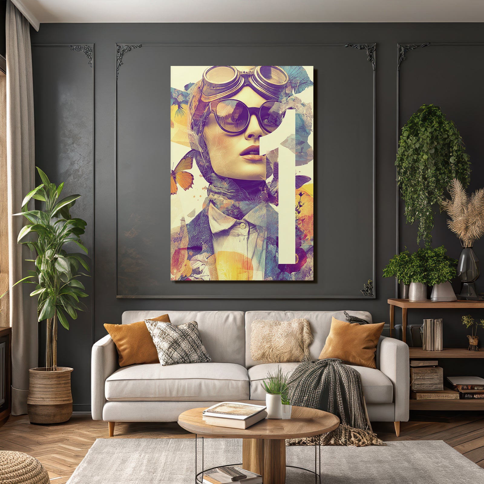 Stylisierte Portarit Mit Brille Schal Blumen Elementen Und Butterfliessen
