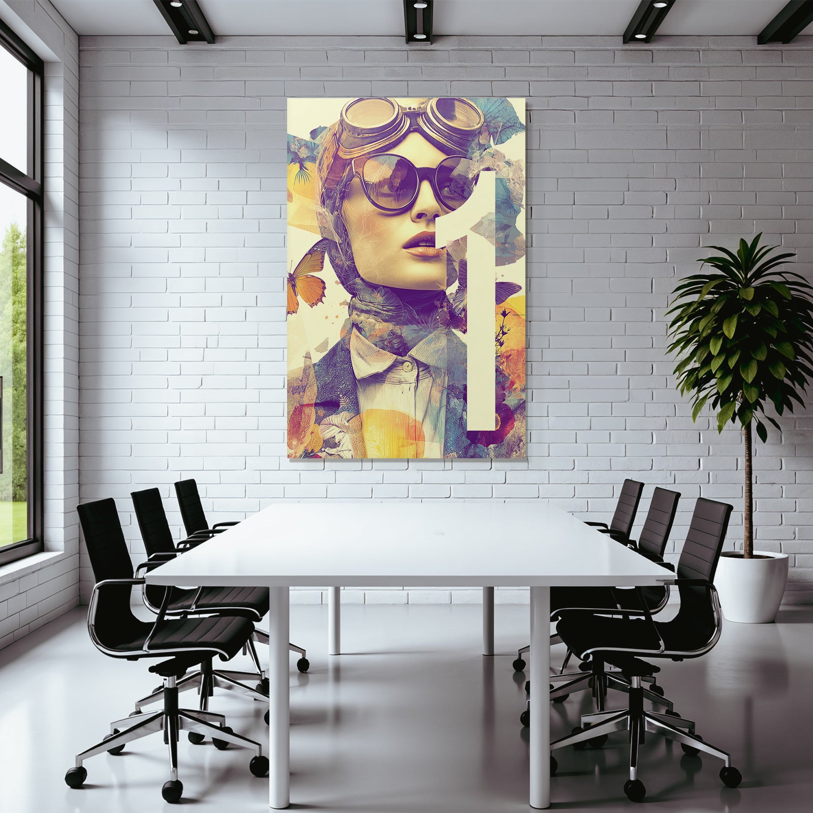 Stylisierte Portarit Mit Brille Schal Blumen Elementen Und Butterfliessen