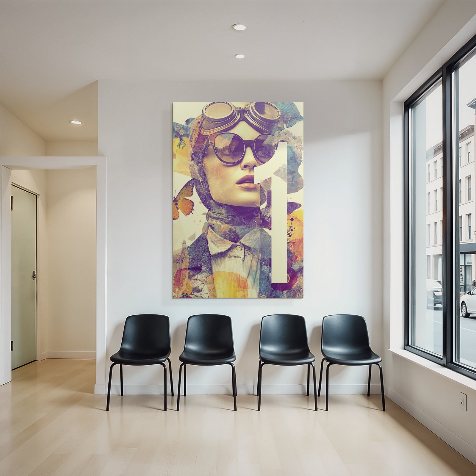 Stylisierte Portarit Mit Brille Schal Blumen Elementen Und Butterfliessen