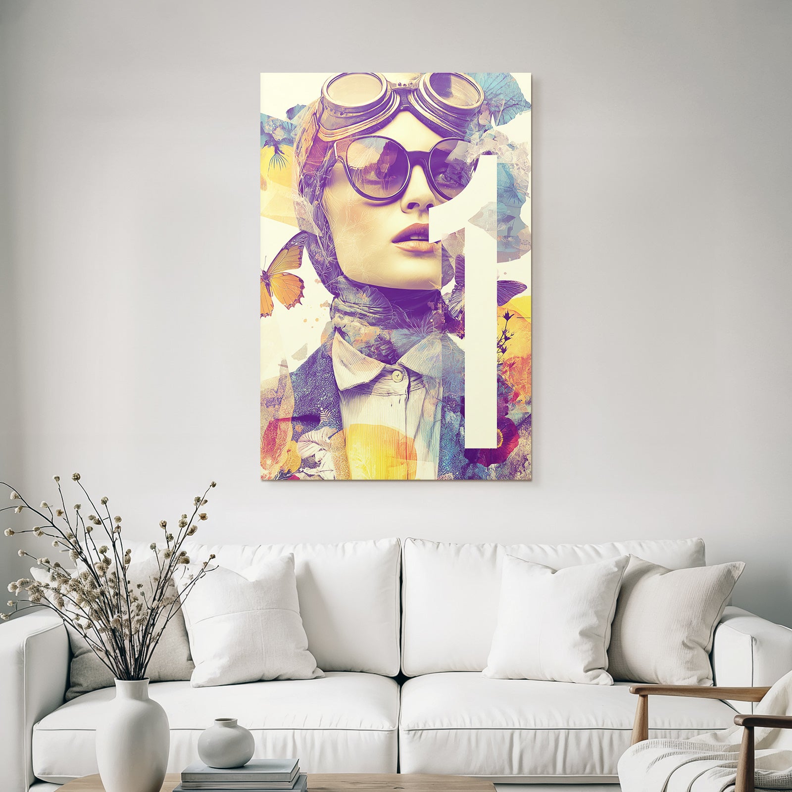 Stylisierte Portarit Mit Brille Schal Blumen Elementen Und Butterfliessen