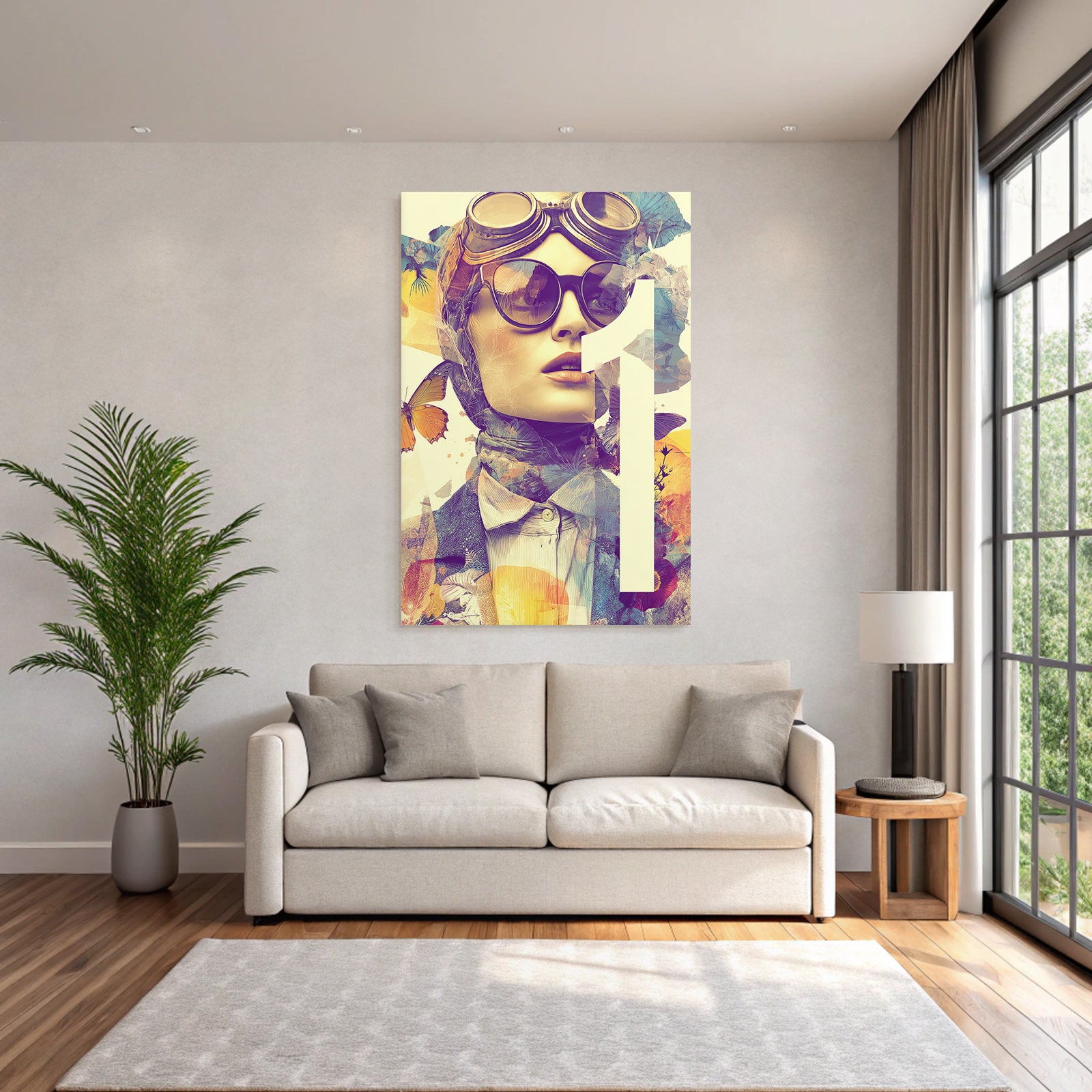 Stylisierte Portarit Mit Brille Schal Blumen Elementen Und Butterfliessen