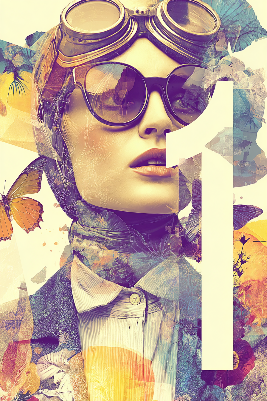 Stylisierte Portarit Mit Brille Schal Blumen Elementen Und Butterfliessen | Digital Art | Kunstgattungen