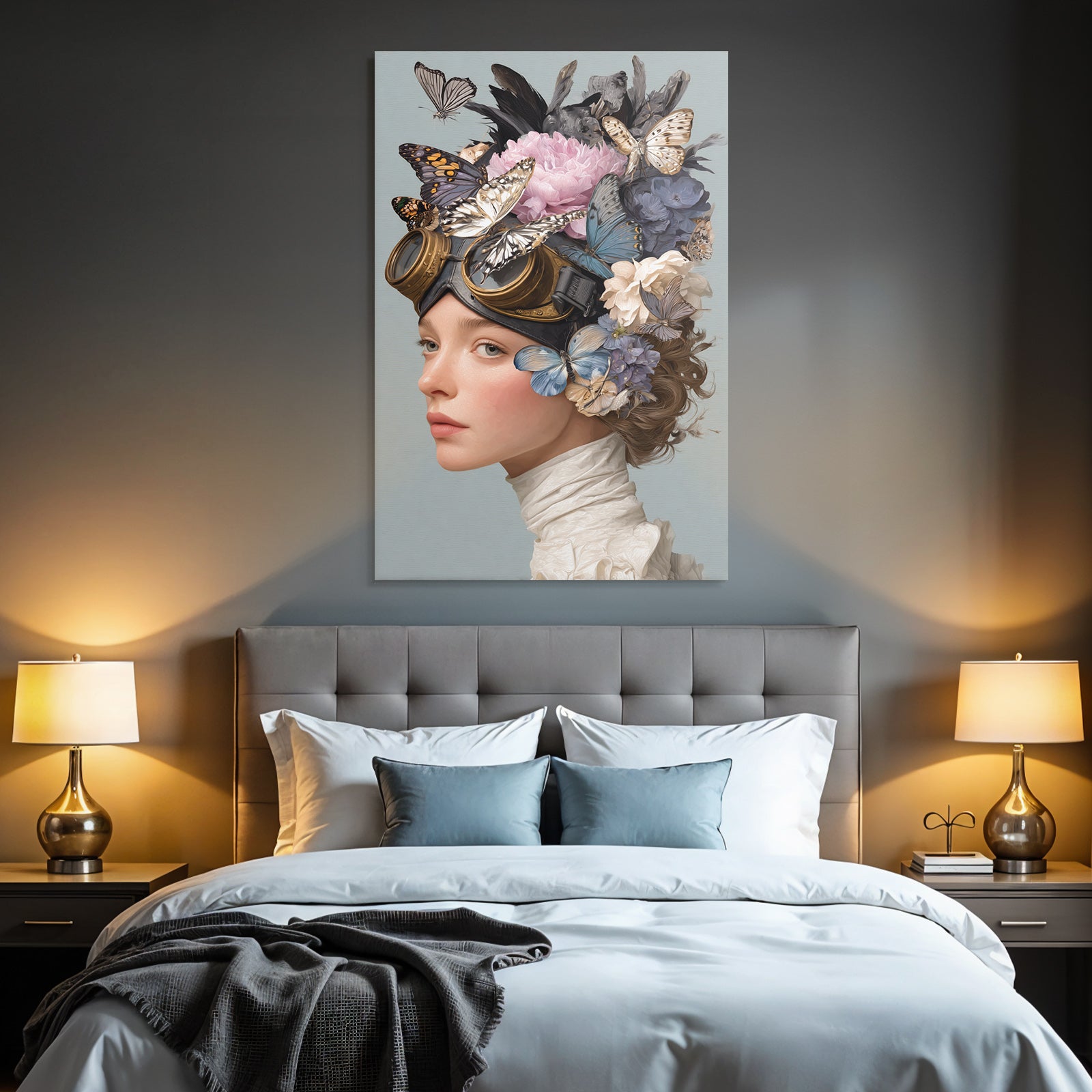 Stylisierte Portraet Der Frau Mit Schmetterlingen Und Blumen Vintage Goggles