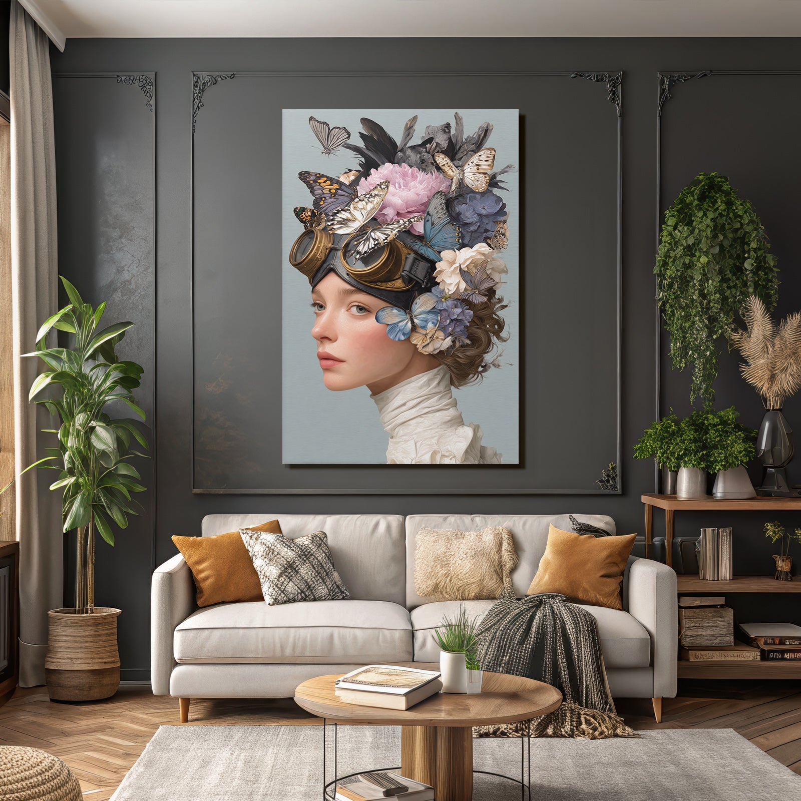 Stylisierte Portraet Der Frau Mit Schmetterlingen Und Blumen Vintage Goggles