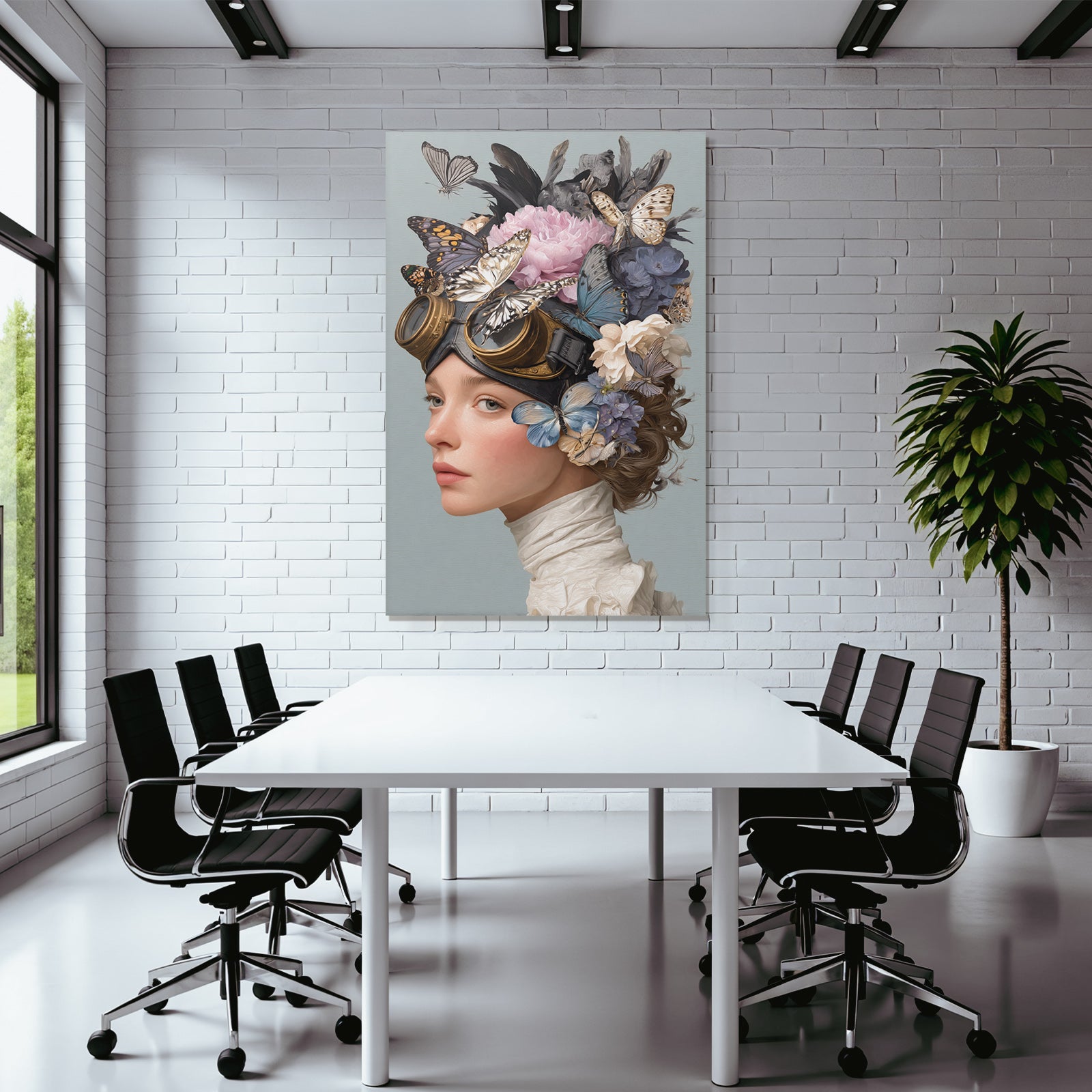 Stylisierte Portraet Der Frau Mit Schmetterlingen Und Blumen Vintage Goggles