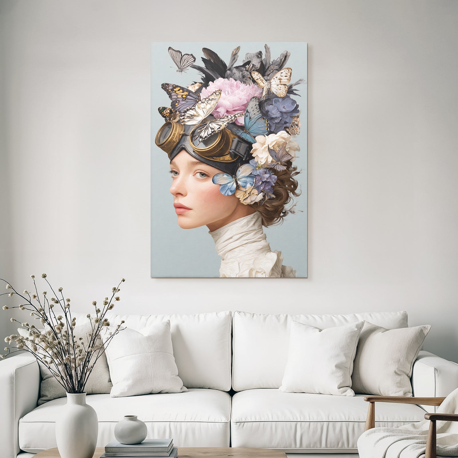 Stylisierte Portraet Der Frau Mit Schmetterlingen Und Blumen Vintage Goggles