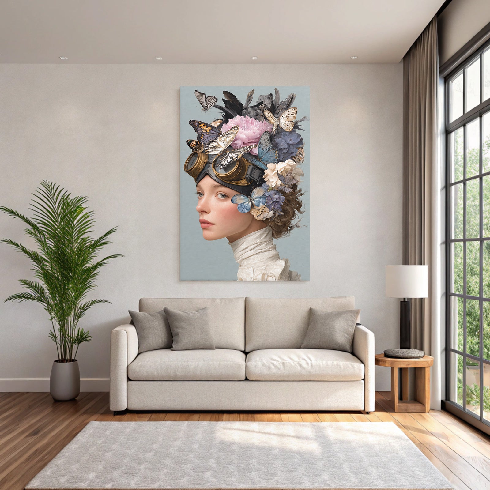 Stylisierte Portraet Der Frau Mit Schmetterlingen Und Blumen Vintage Goggles