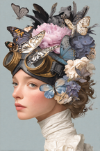 Stylisierte Portraet Der Frau Mit Schmetterlingen Und Blumen Vintage Goggles | Digital Art | Kunstgattungen