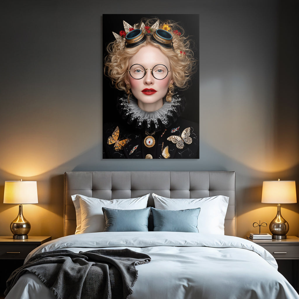 Stylisierte Portrait Einer Person Mit Faerben Fliegenmotiven Und Zubehoer