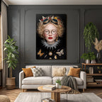 Stylisierte Portrait Einer Person Mit Faerben Fliegenmotiven Und Zubehoer
