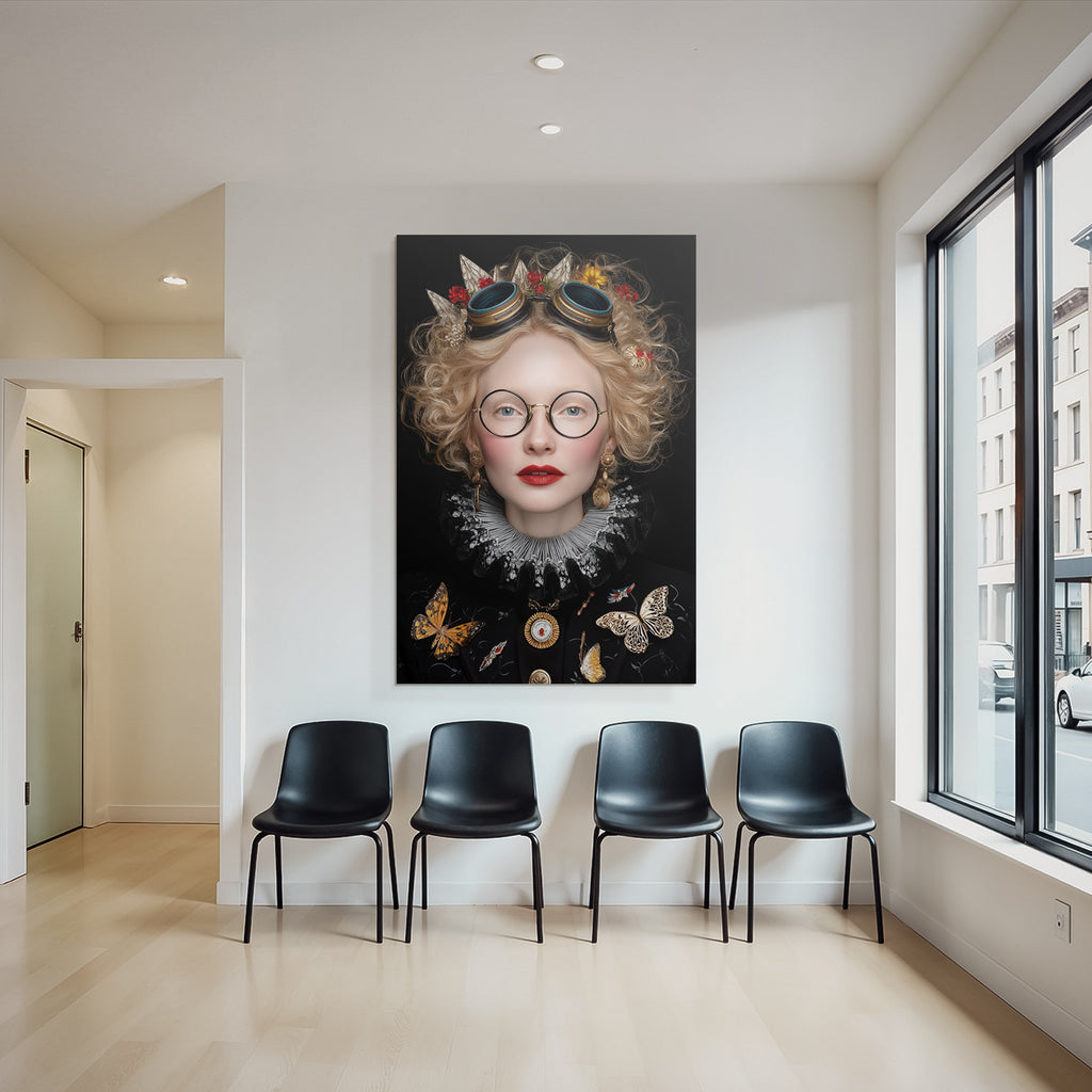 Stylisierte Portrait Einer Person Mit Faerben Fliegenmotiven Und Zubehoer