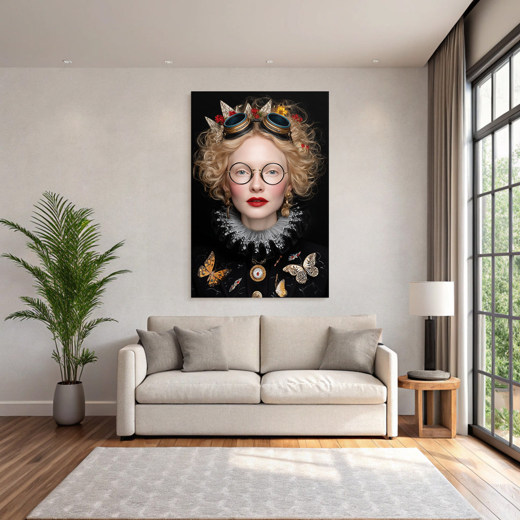 Stylisierte Portrait Einer Person Mit Faerben Fliegenmotiven Und Zubehoer
