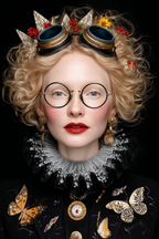 Stylisierte Portrait Einer Person Mit Faerben Fliegenmotiven Und Zubehoer | Digital Art | Kunstgattungen