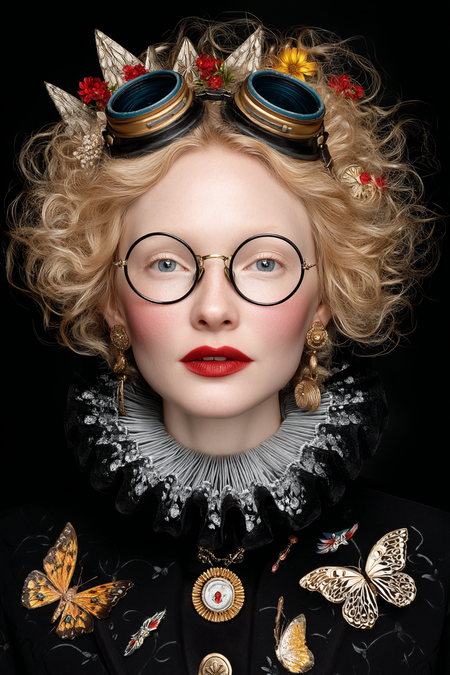 Stylisierte Portrait Einer Person Mit Faerben Fliegenmotiven Und Zubehoer | Digital Art | Kunstgattungen