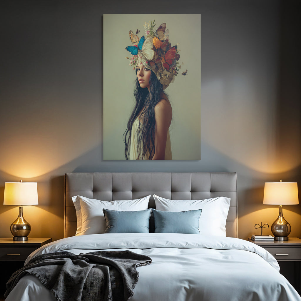 Stylisierte Portrait Mit Blumen Und Butterfly Haube