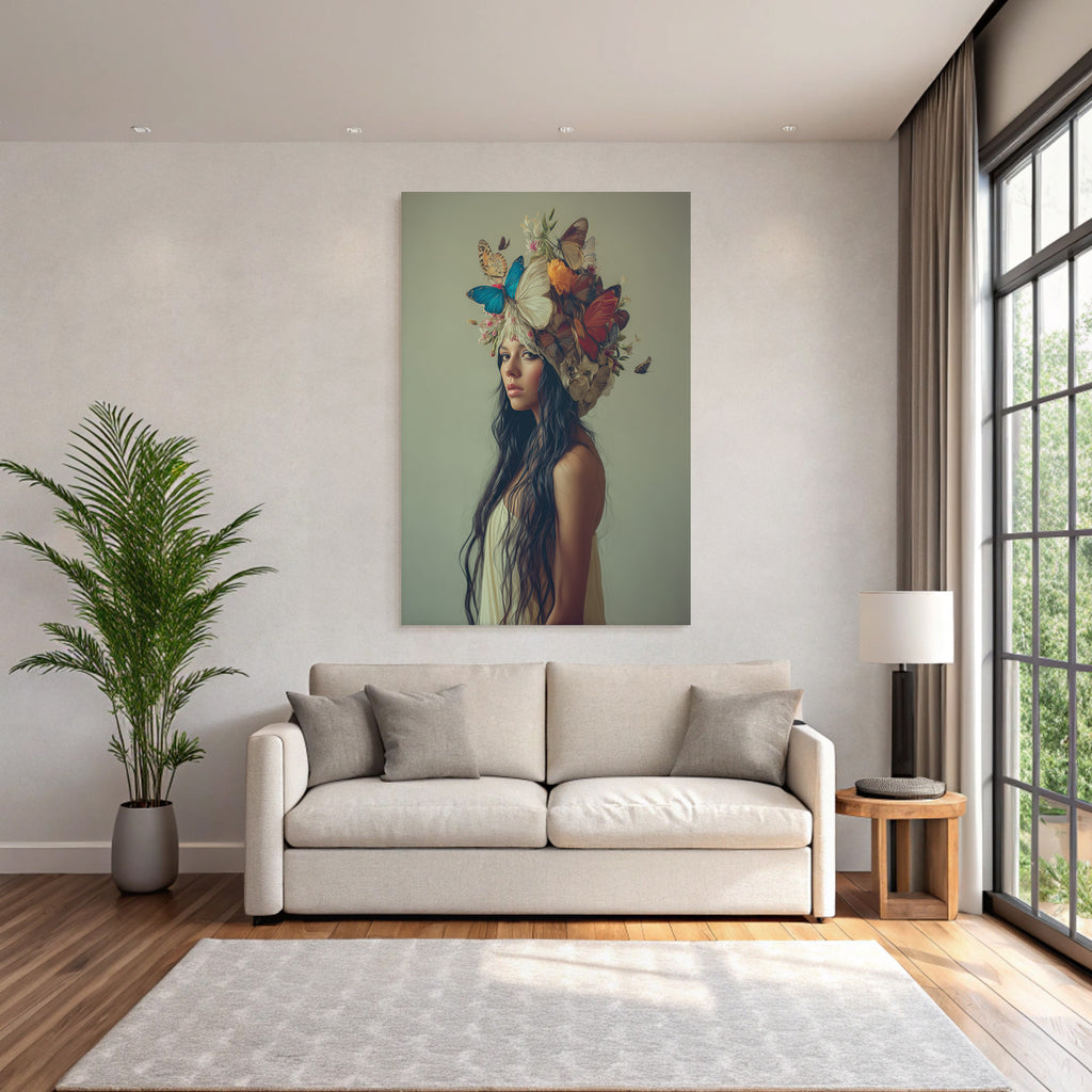 Stylisierte Portrait Mit Blumen Und Butterfly Haube
