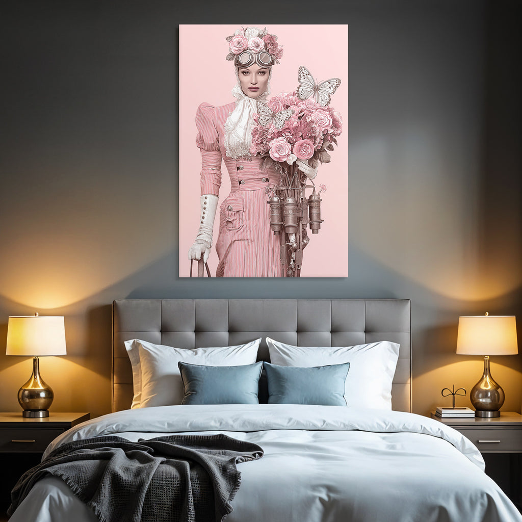 Stylisierte Steampunk Charakter Vintage Rosa Kleid Blumen Bouquet Butterflies