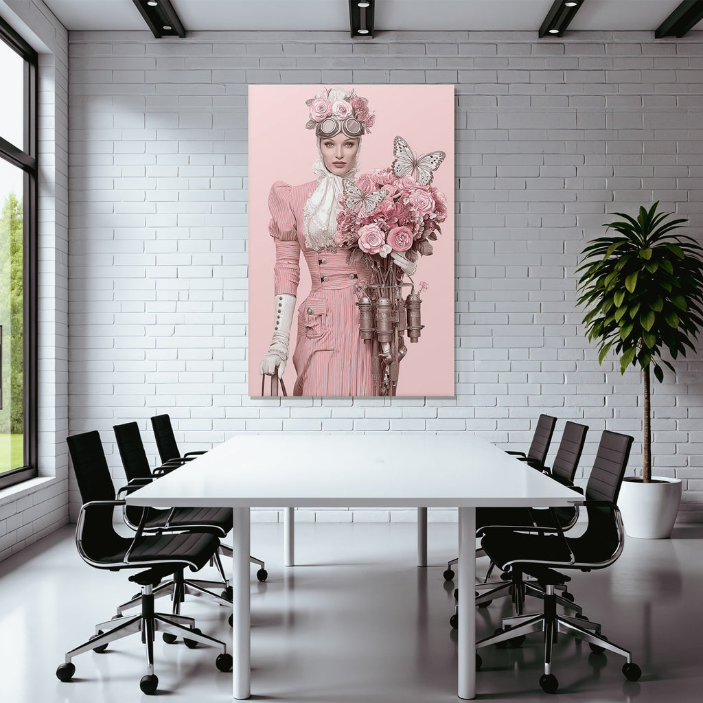 Stylisierte Steampunk Charakter Vintage Rosa Kleid Blumen Bouquet Butterflies
