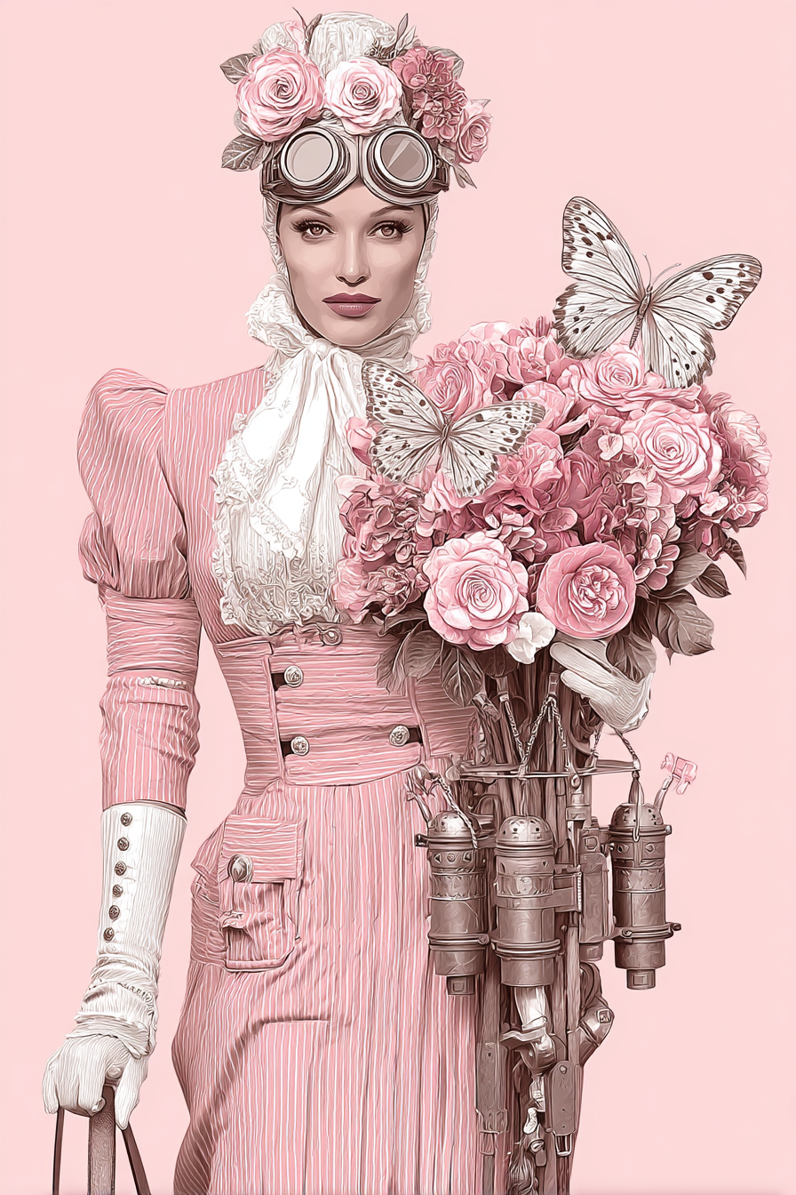 Stylisierte Steampunk Charakter Vintage Rosa Kleid Blumen Bouquet Butterflies | Digital Art | Kunstgattungen