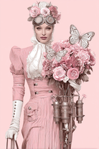 Stylisierte Steampunk Charakter Vintage Rosa Kleid Blumen Bouquet Butterflies | Digital Art | Kunstgattungen