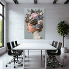Stylized drawing with spring hairstyle and butterflies and flowers