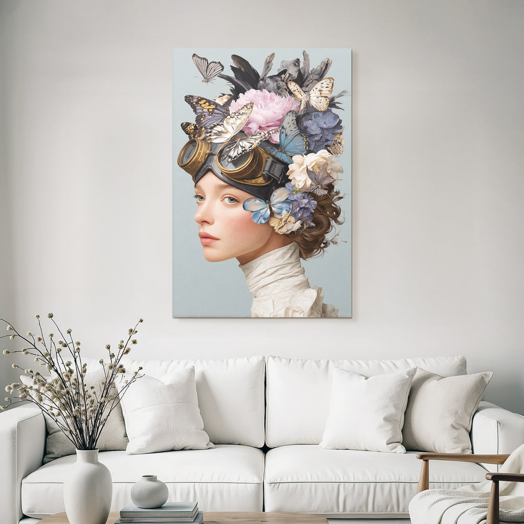 Stylized drawing with spring hairstyle and butterflies and flowers