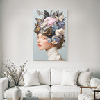 Stylized drawing with spring hairstyle and butterflies and flowers