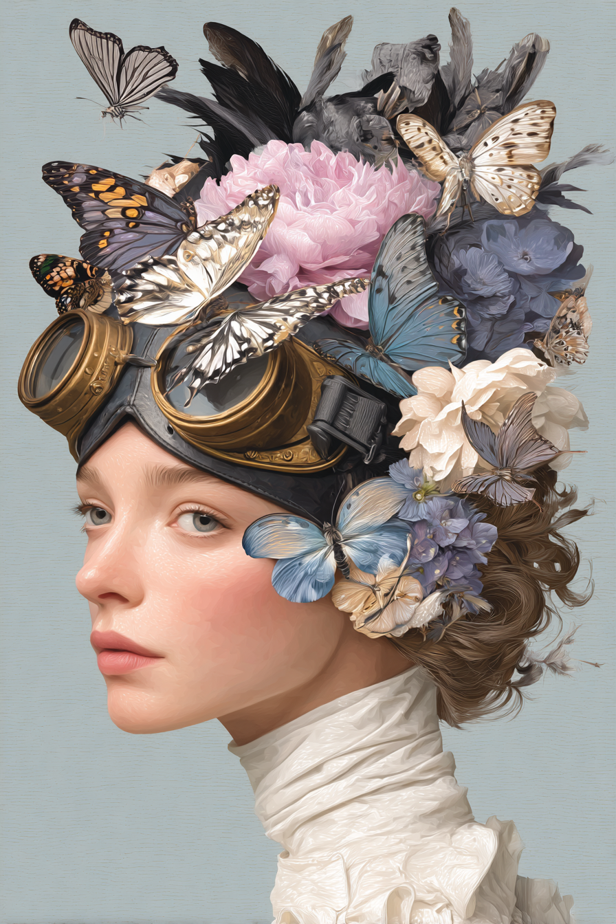 Stylisierte Zeichnung Mit Fruehlingsfrisur Und Schmetterlingen Und Blumen | Digital Art | Kunstgattungen