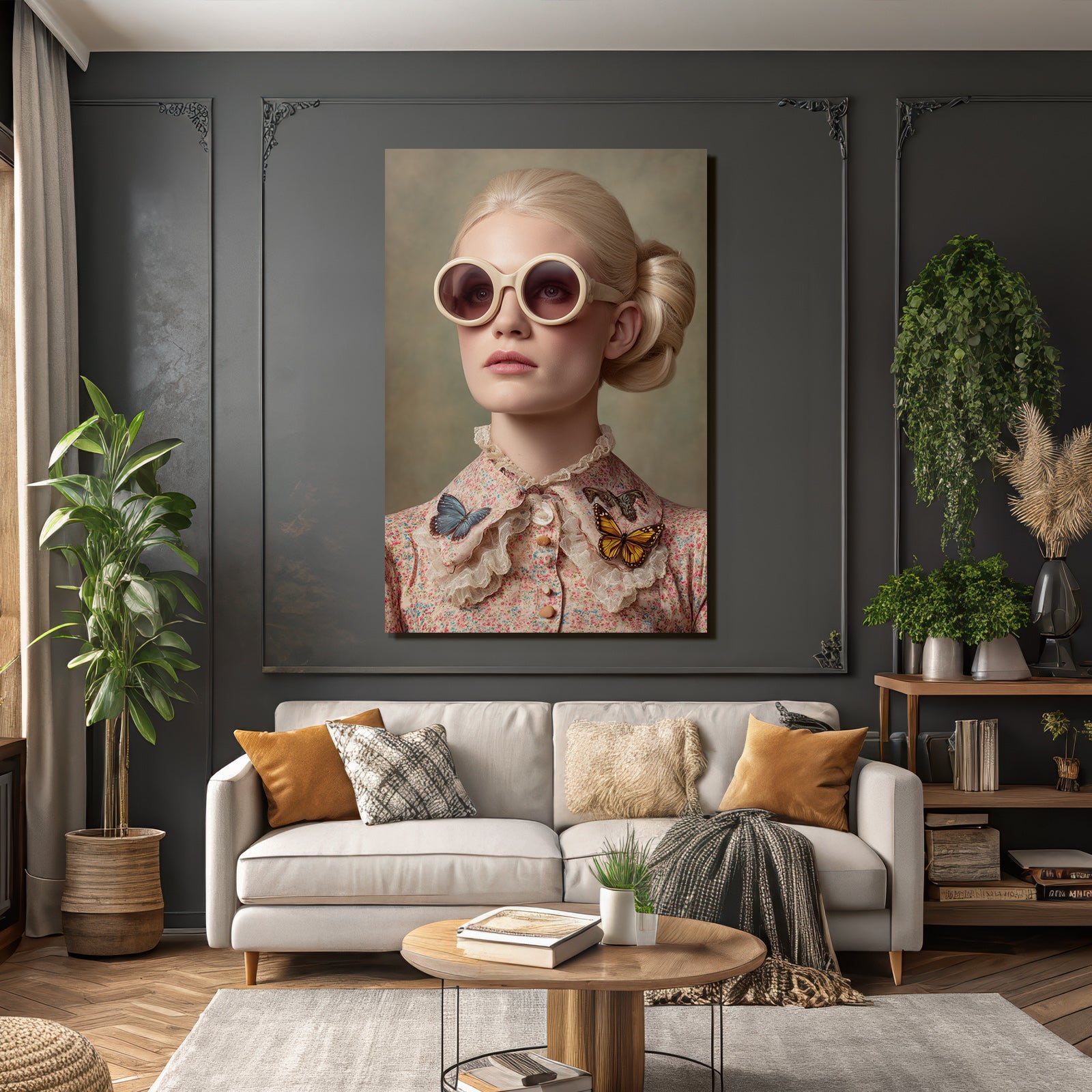 Stylisiertes Portraet Vintage Bluse Sonnenbrille Butterfliegen