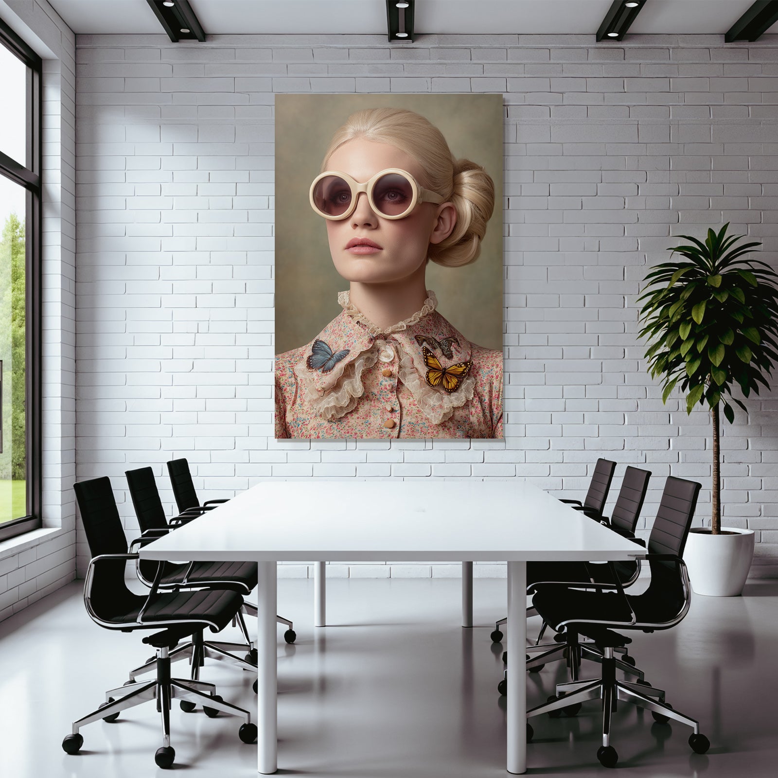 Stylisiertes Portraet Vintage Bluse Sonnenbrille Butterfliegen