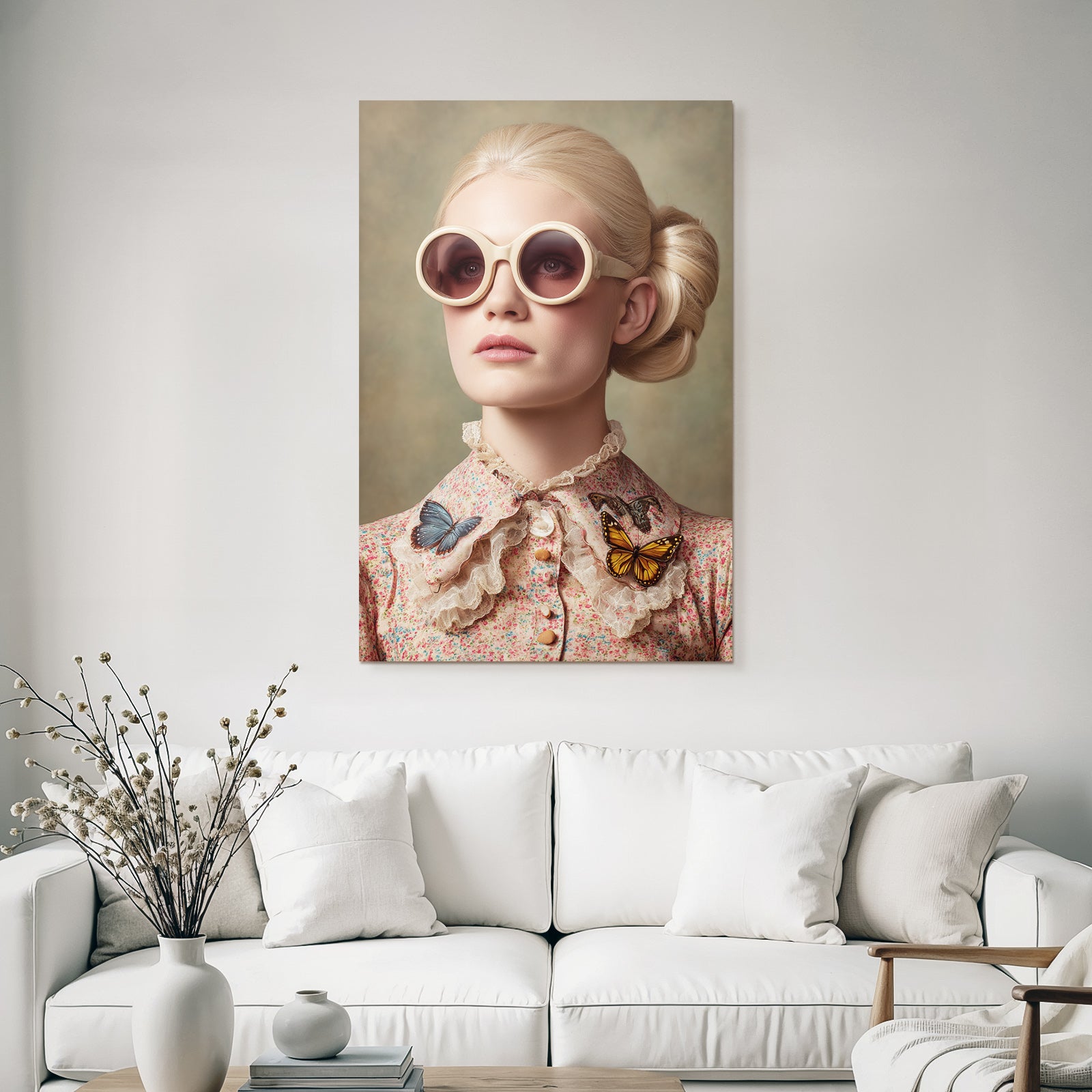 Stylisiertes Portraet Vintage Bluse Sonnenbrille Butterfliegen