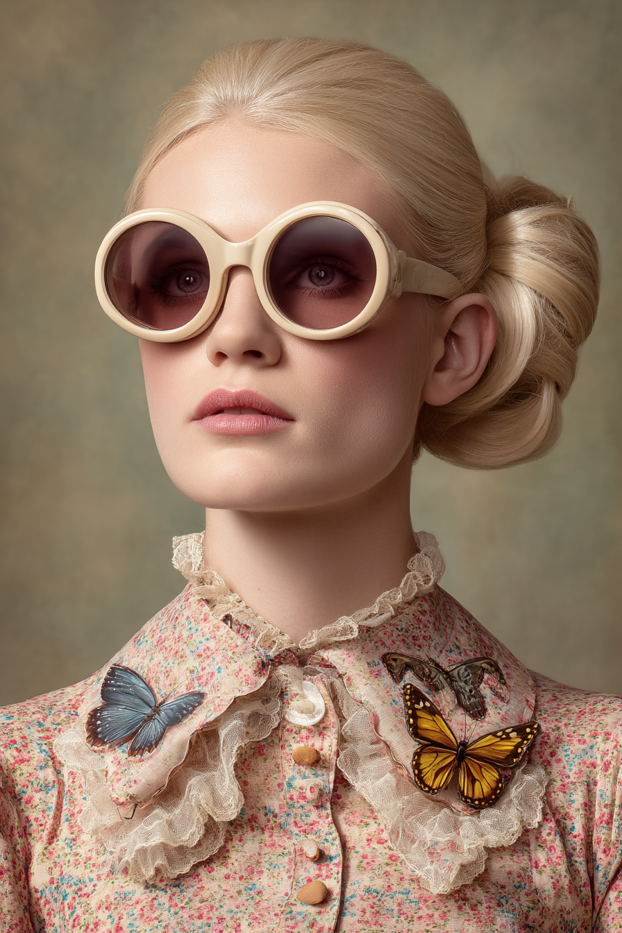 Stylisiertes Portraet Vintage Bluse Sonnenbrille Butterfliegen | Digital Art | Kunstgattungen
