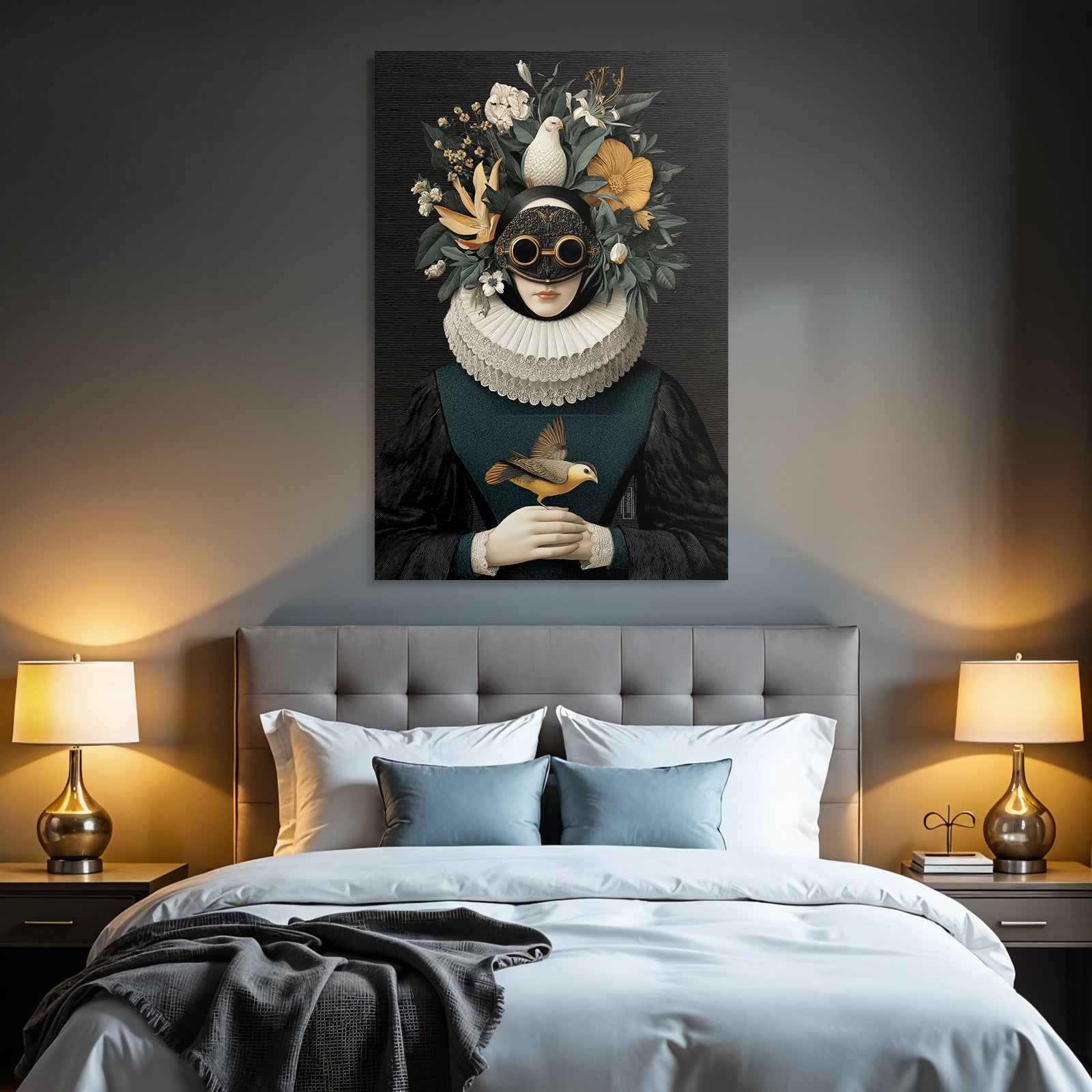 Stylized Portrait Figuren Mit Blumen Und Voegeln Rueschkragen Und Goggles