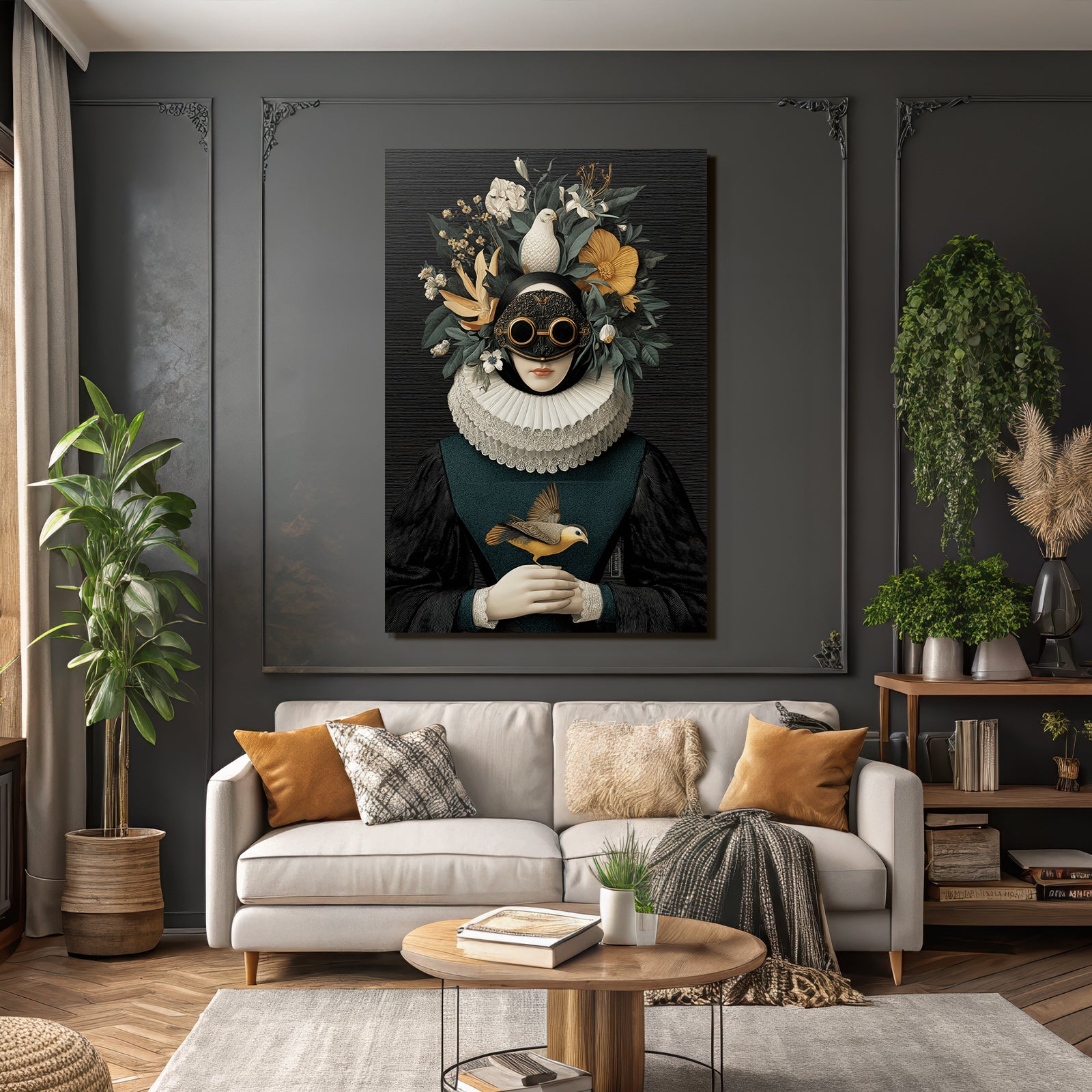 Stylized Portrait Figuren Mit Blumen Und Voegeln Rueschkragen Und Goggles