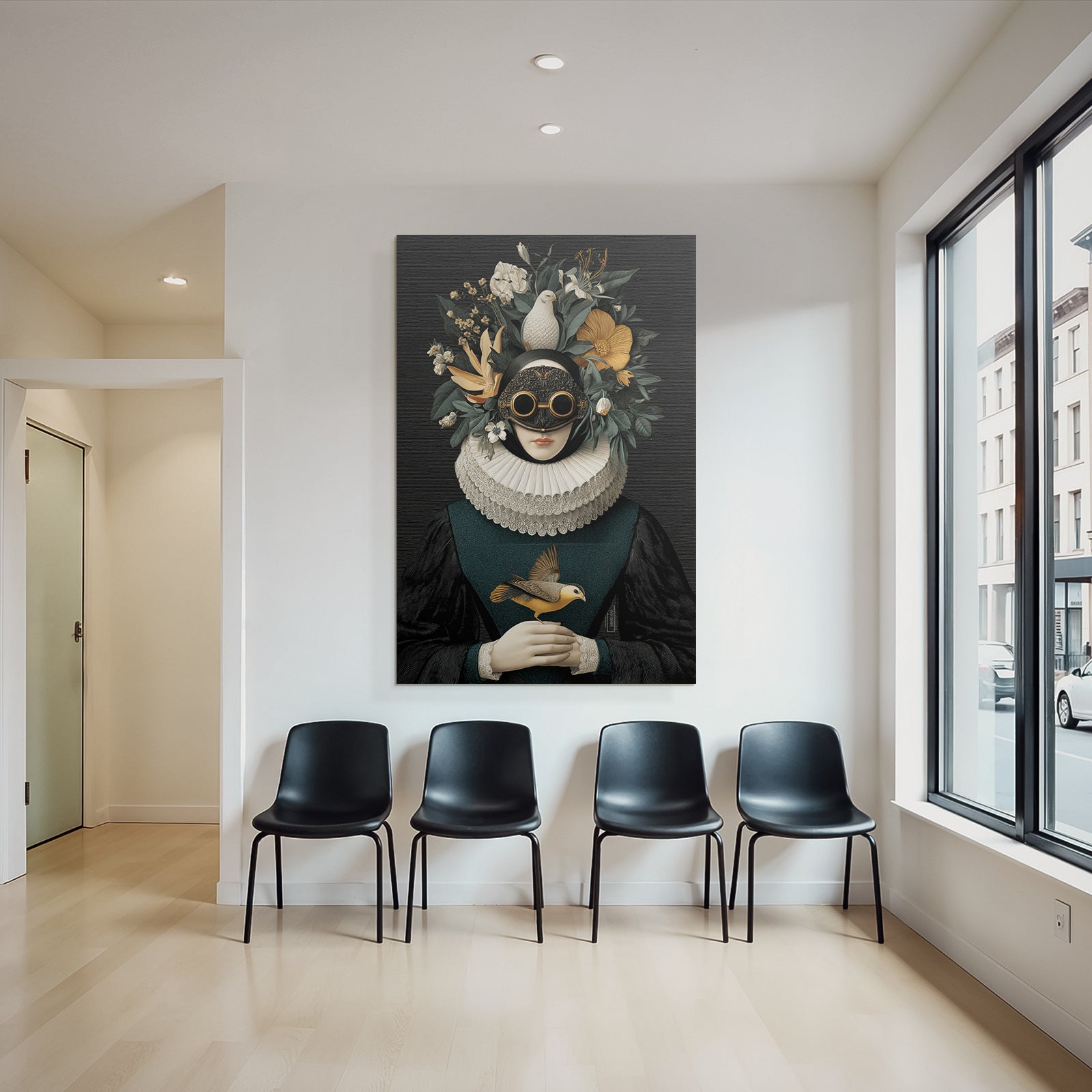 Stylized Portrait Figuren Mit Blumen Und Voegeln Rueschkragen Und Goggles