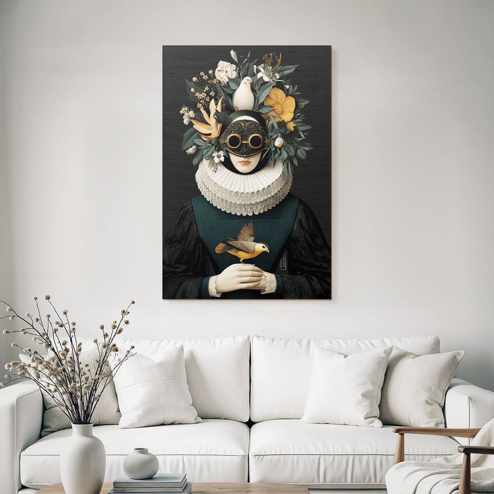 Stylized Portrait Figuren Mit Blumen Und Voegeln Rueschkragen Und Goggles