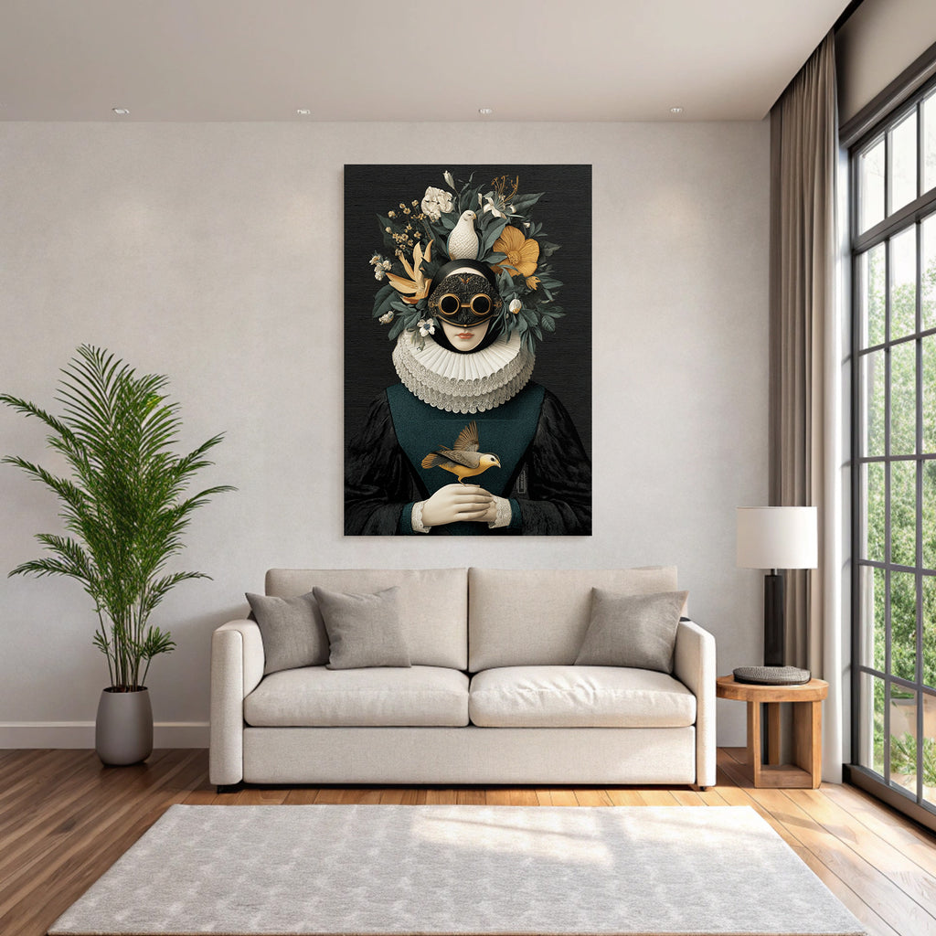 Stylized Portrait Figuren Mit Blumen Und Voegeln Rueschkragen Und Goggles