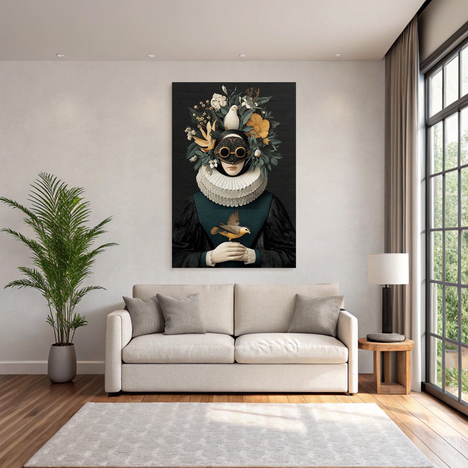 Stylized Portrait Figuren Mit Blumen Und Voegeln Rueschkragen Und Goggles