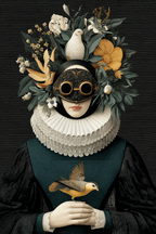 Stylized Portrait Figuren Mit Blumen Und Voegeln Rueschkragen Und Goggles | Digital Art | Kunstgattungen