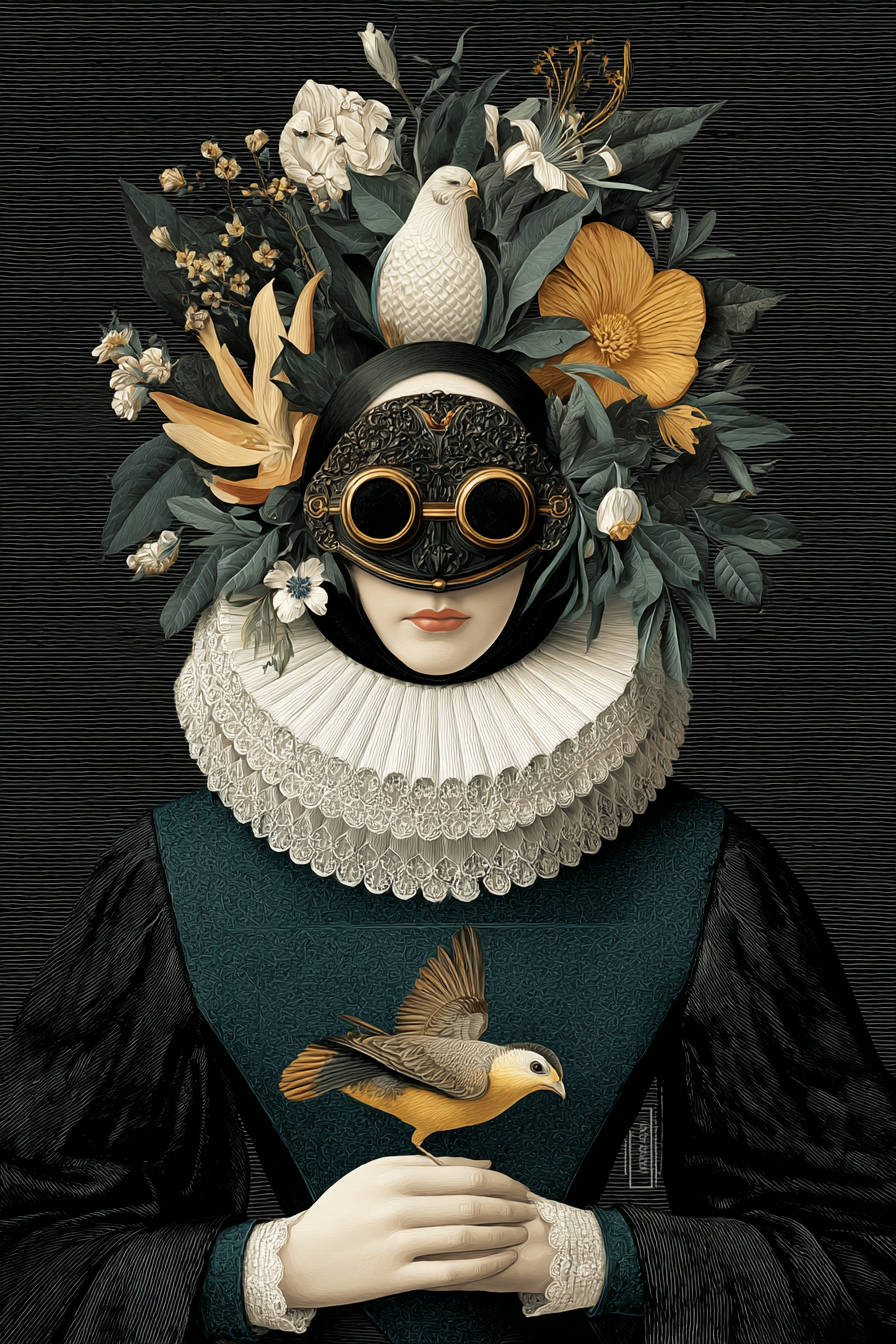 Stylized Portrait Figuren Mit Blumen Und Voegeln Rueschkragen Und Goggles | Digital Art | Kunstgattungen