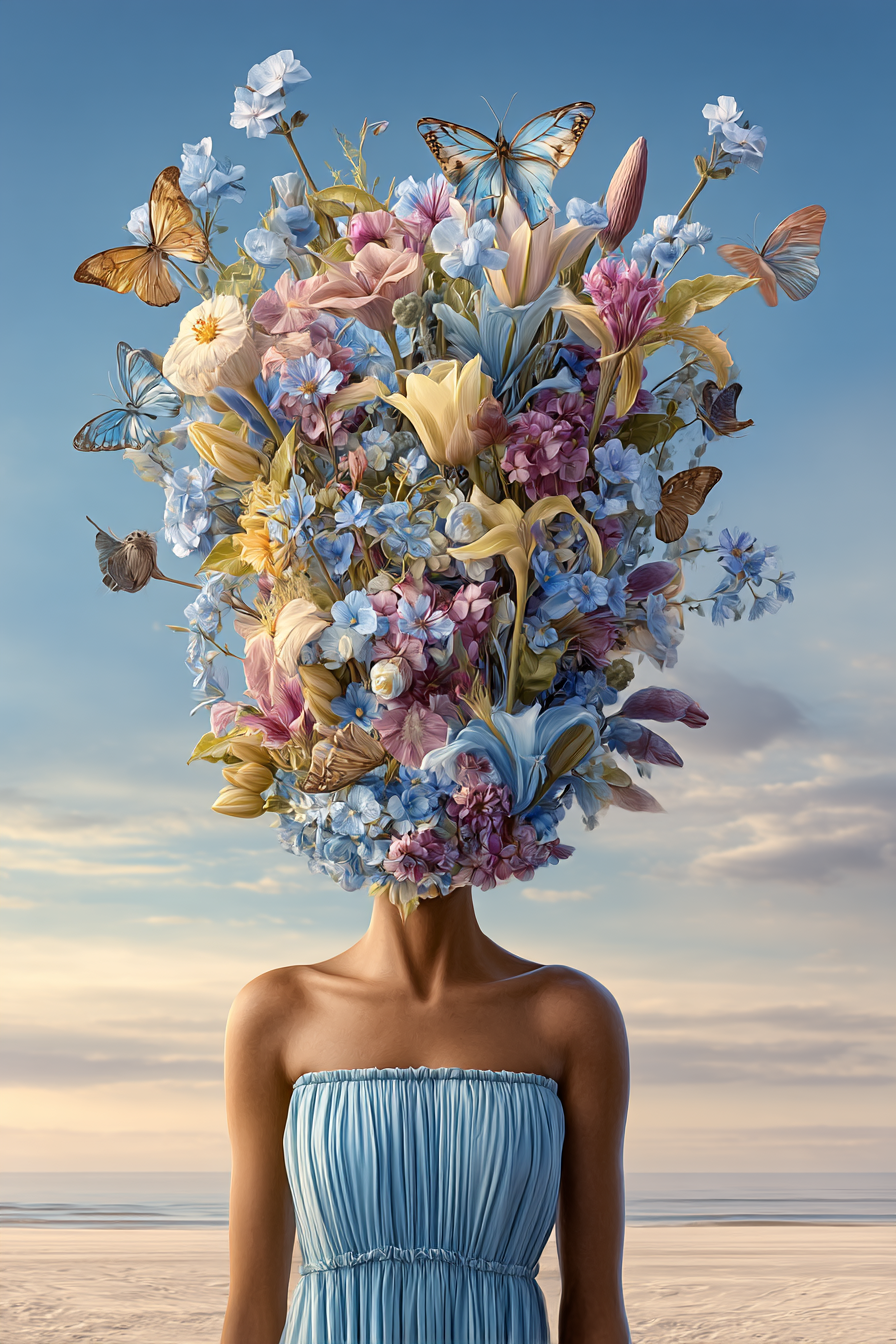 Surreales Kunstwerk Blumen Butterflies Strand Hintergrund | Digital Art | Kunstgattungen