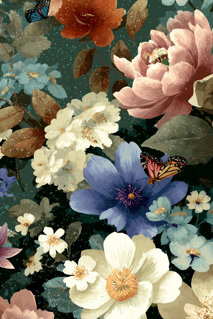 Vibrante Blumenmuster Mit Butterfliegen Und Blaettern | Digital Art | Kunstgattungen