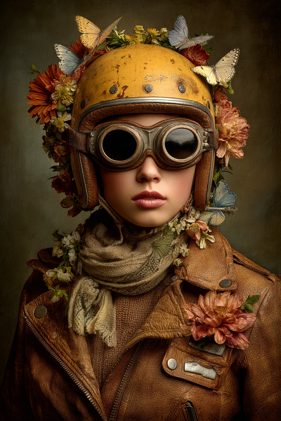 Vintage Aviator Mit Blumen Und Schmetterlingen Lederjacke Schleife | Digital Art | Kunstgattungen