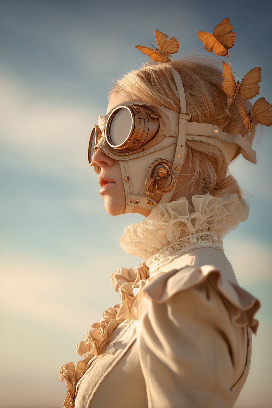 Vintage Steampunk Outfit Mit Goggles Und Rueckenkragen Mit Falter Im Haar | Digital Art | Kunstgattungen