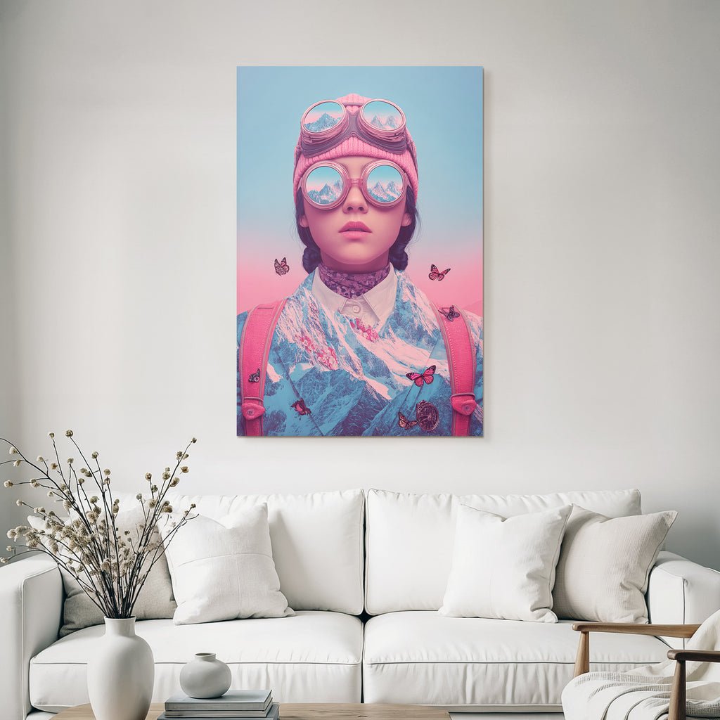 Vintage Stil Goggles Pink Muetze Abenteuer Mountains Butterflies