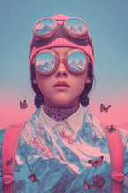 Vintage Stil Goggles Pink Muetze Abenteuer Mountains Butterflies | Digital Art | Kunstgattungen