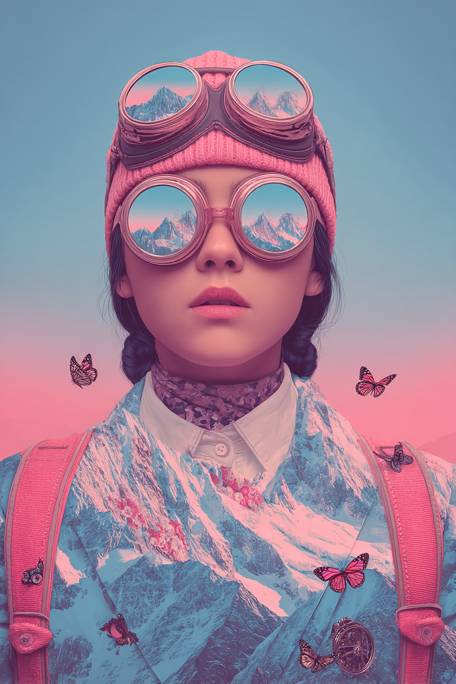 Vintage Stil Goggles Pink Muetze Abenteuer Mountains Butterflies | Digital Art | Kunstgattungen