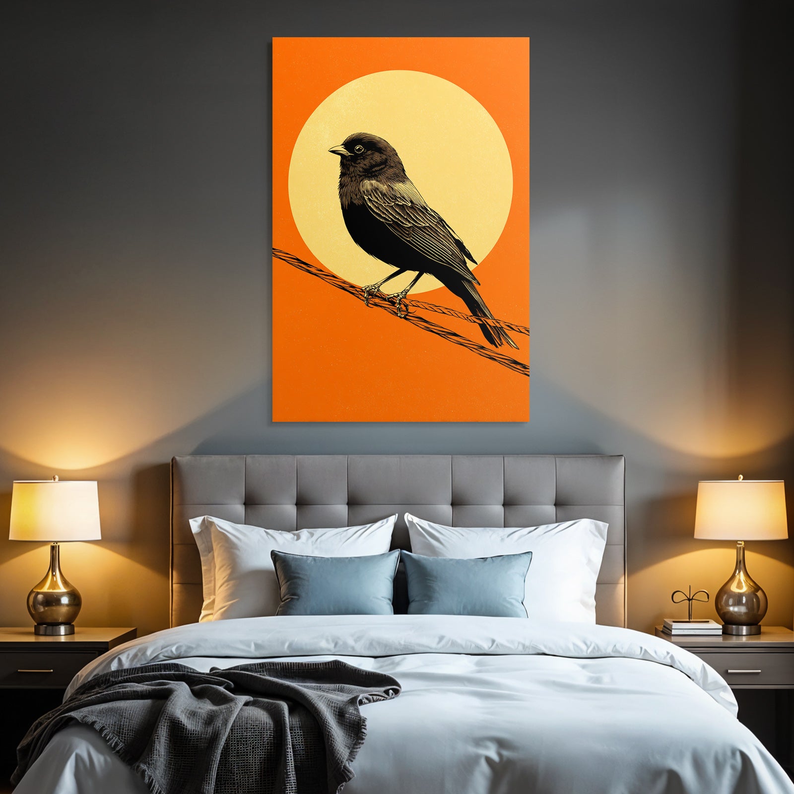 Vogel Sitzt Auf Draht Mit Orangenem Hintergrund Und Gelber Sonne