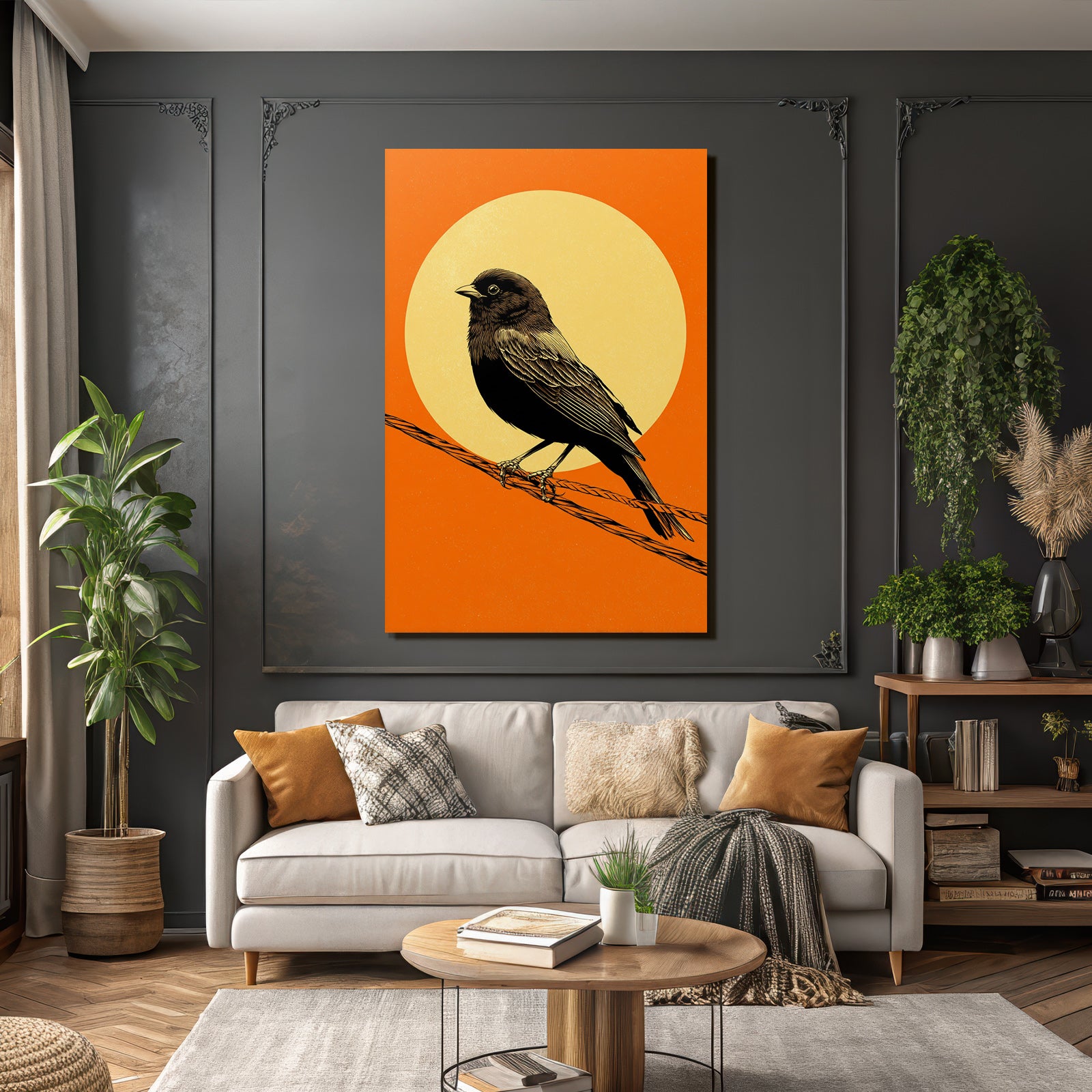 Vogel Sitzt Auf Draht Mit Orangenem Hintergrund Und Gelber Sonne