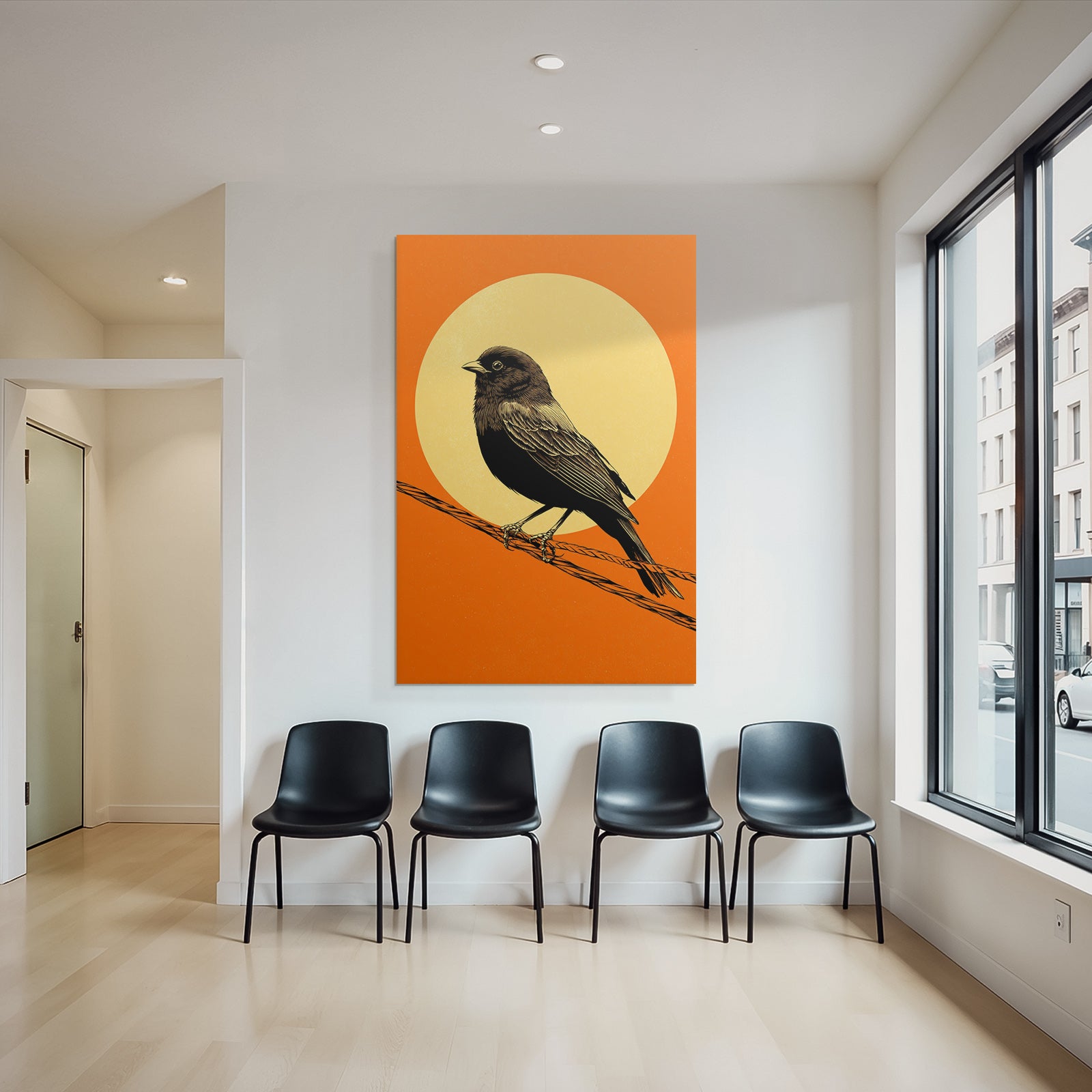 Vogel Sitzt Auf Draht Mit Orangenem Hintergrund Und Gelber Sonne